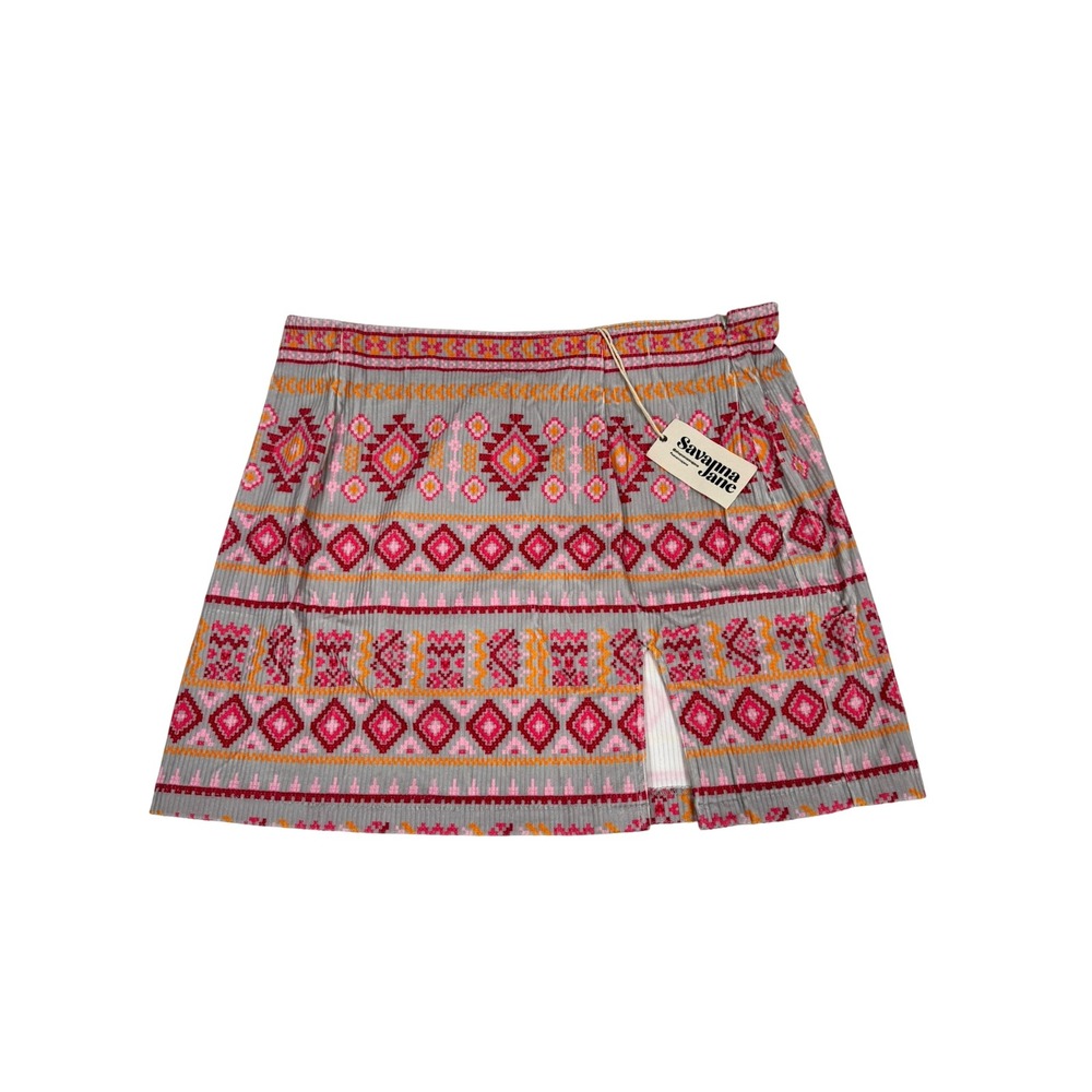 Savanna Jane Gray Pink Geometric Corduroy Mini Skirt Front Slit Plus Size 1X NWT
